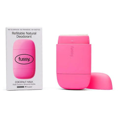 Pink Fussy refillable natural deodorant coconut milk scent with box on white background