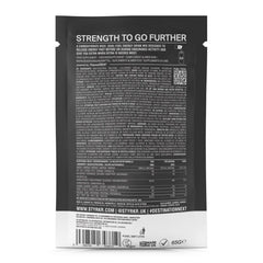 Back of Styrkr energy drink mix sachet showing nutrition facts, ingredients, and product details.