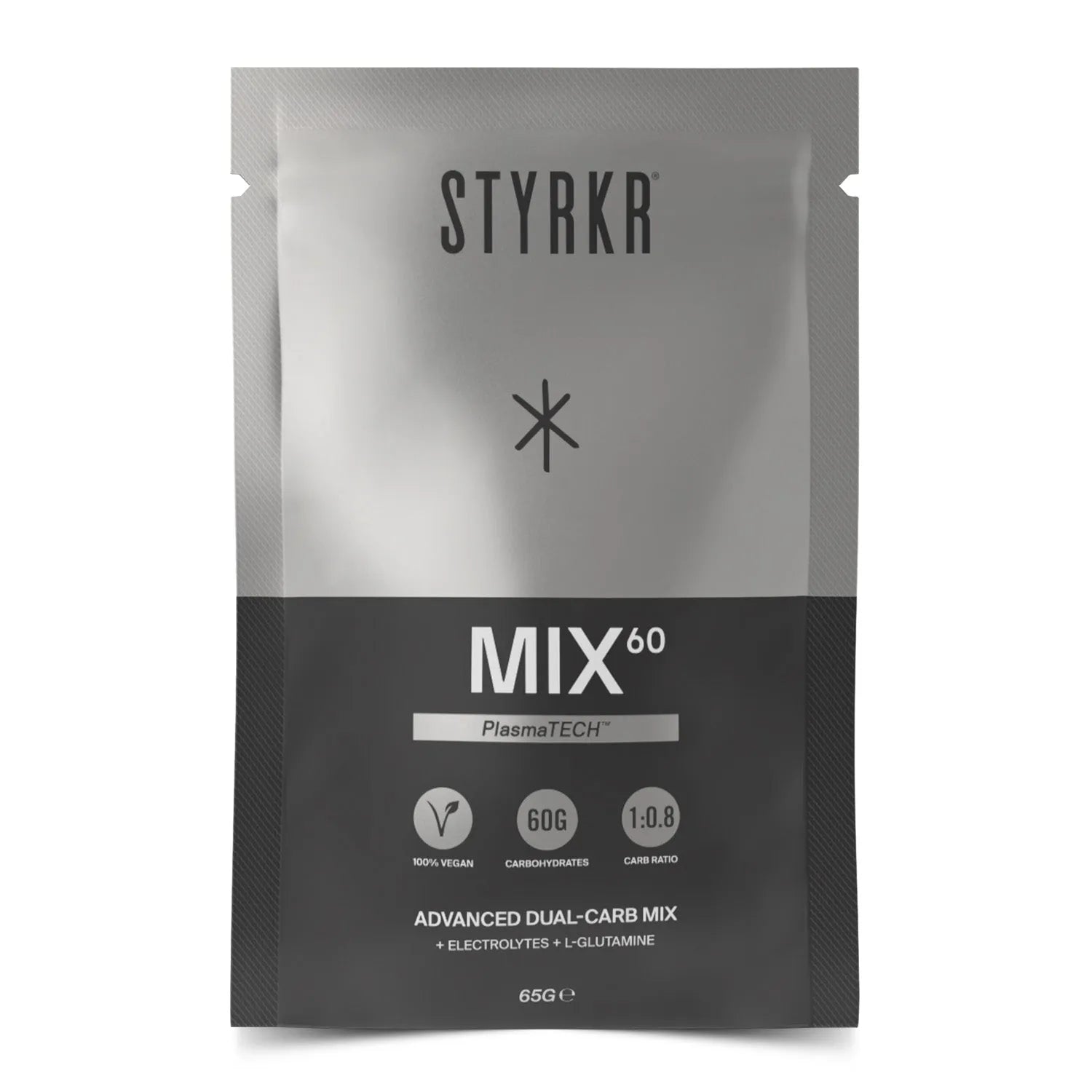 STYKR MIX60 advanced dual-carb electrolyte mix packet with vegan label, 60g carbohydrates