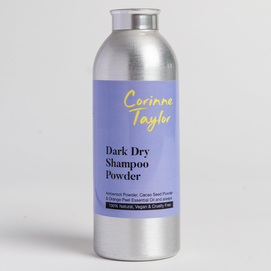 Corinne Taylor Dark Dry Shampoo Powder bottle with purple label on white background