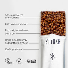 STYRKR energy bar with dual-source carbs, 250+ calories, vegan, gluten-free, made in UK.
