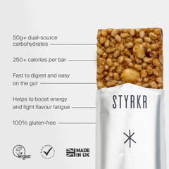 STYRKR energy bar infographic showing nutritional benefits, vegan, gluten-free, made in UK.