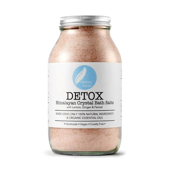 Detox Himalayan crystal bath salts jar with lemon, ginger, and fennel, natural vegan product