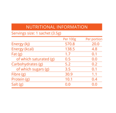 Flow Nutrition chart showing nutritional information per 100g and per 3.5g sachet.