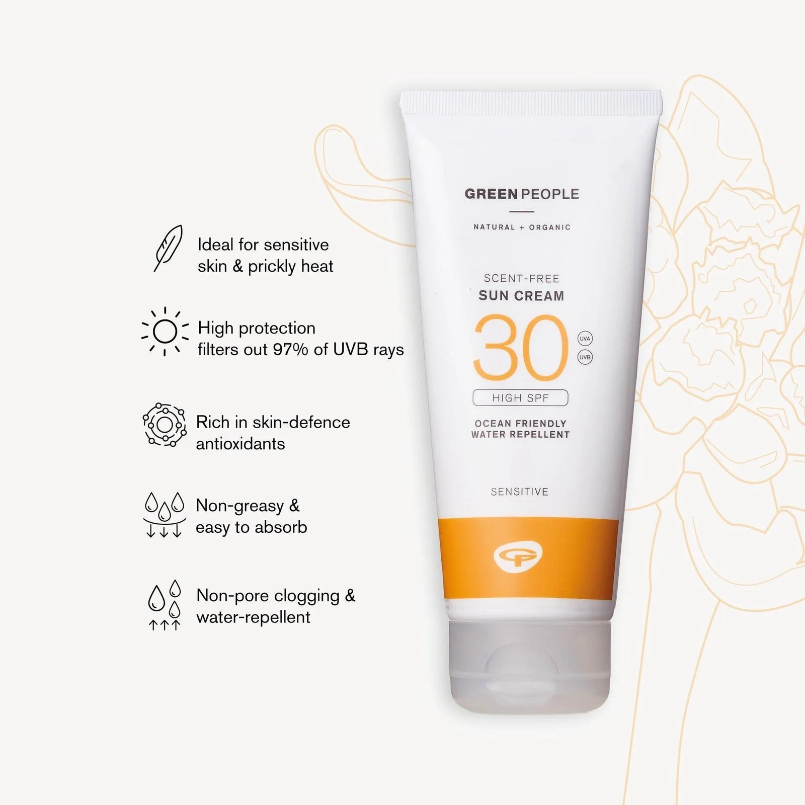 Green People Scent-Free Sun Cream SPF 30 tube with key benefits for sensitive skin, high UVB protection, antioxidants, non-greasy, water-repellent formula.