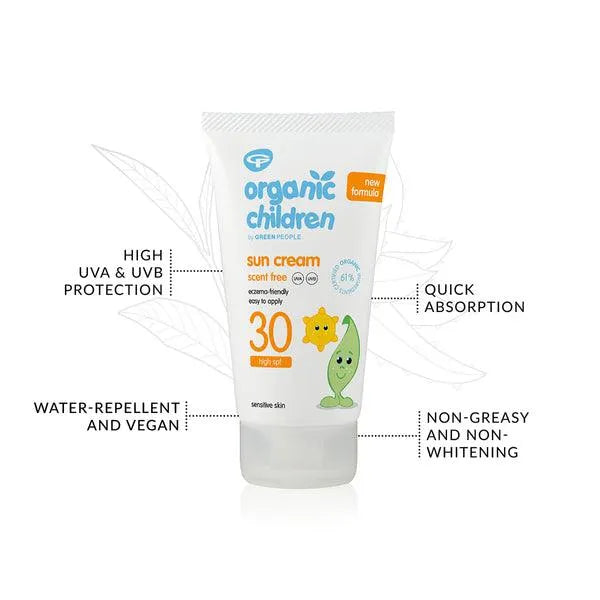 Organic Children SPF 30 sun cream tube with sun and pea illustrations, vegan, scent free.