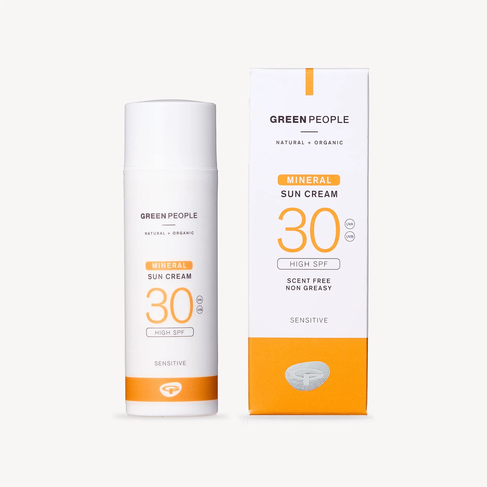 Green People Mineral Sun Cream SPF 30 scent free bottle and box on white background