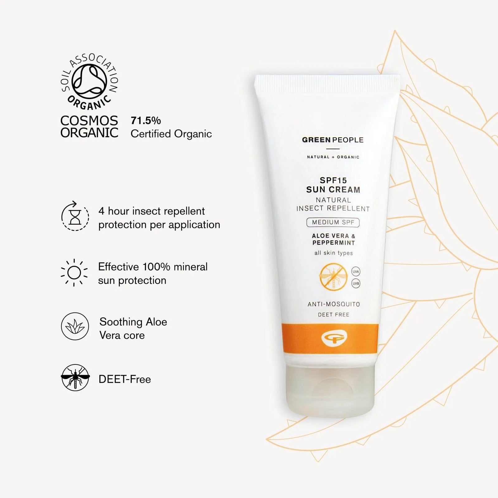 Green People SPF15 certified organic sun cream tube with insect repellent, aloe, and benefits list.