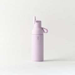 Lavender Haze 500ml reusable water bottle with handle and logo on front, white background