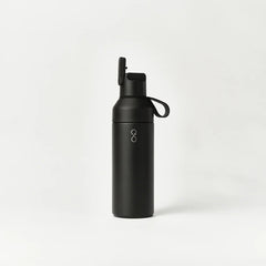 Obsidian black 500ml reusable water bottle with flip lid and loop on white background