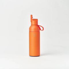 Orange reusable water bottle with lid and strap on white background