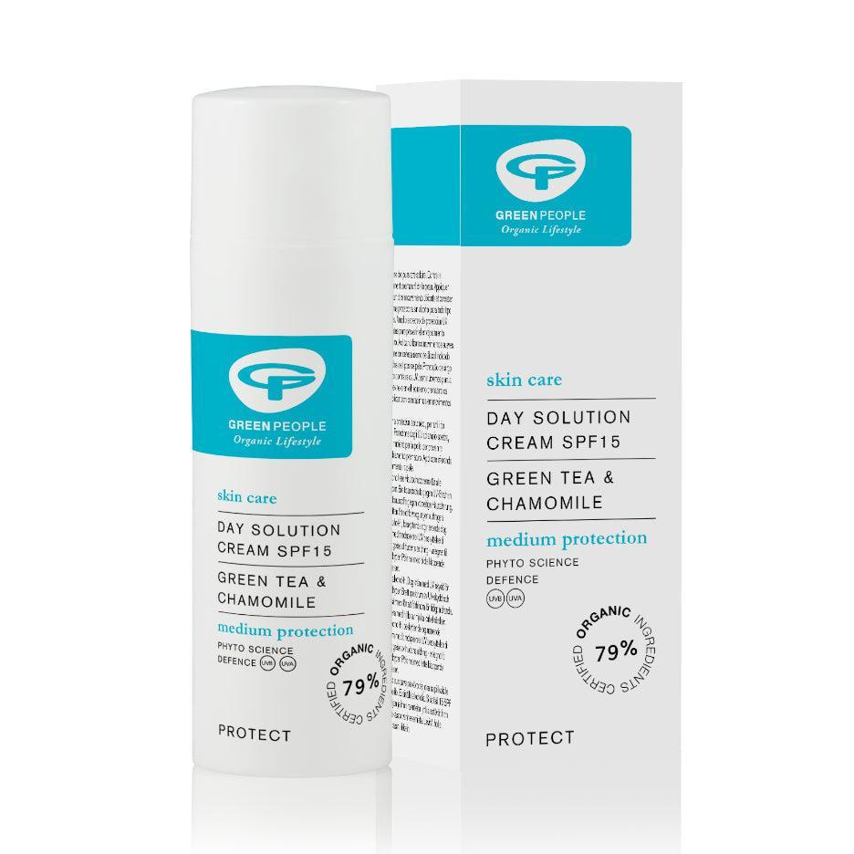 Green People Day Solution Cream SPF15 with green tea and chamomile, bottle and box