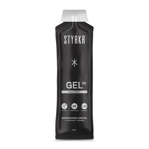 STYRKR GEL 30 dual-carb gel black packet with vegan and nutrition info on front
