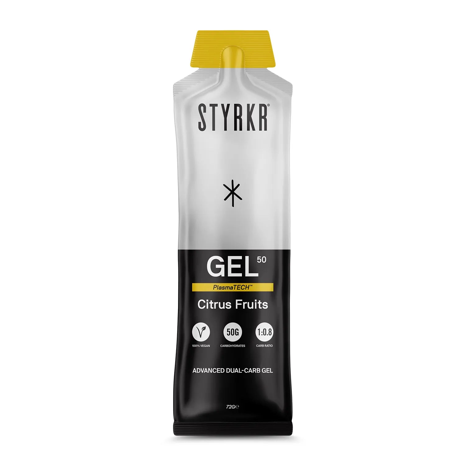 Styrkr GEL 50 Citrus Fruits energy gel pouch with yellow cap and black label