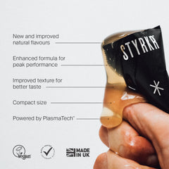 STYRKR energy gel infographic highlighting new formula, natural flavours, compact size, vegan, made in UK