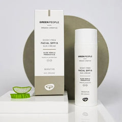 Green People scent-free facial SPF15 sun cream with aloe vera and prebiotics, product and box.