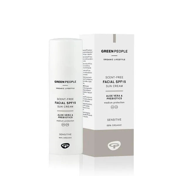 Green People scent-free facial SPF15 sun cream with aloe vera and prebiotics for sensitive skin
