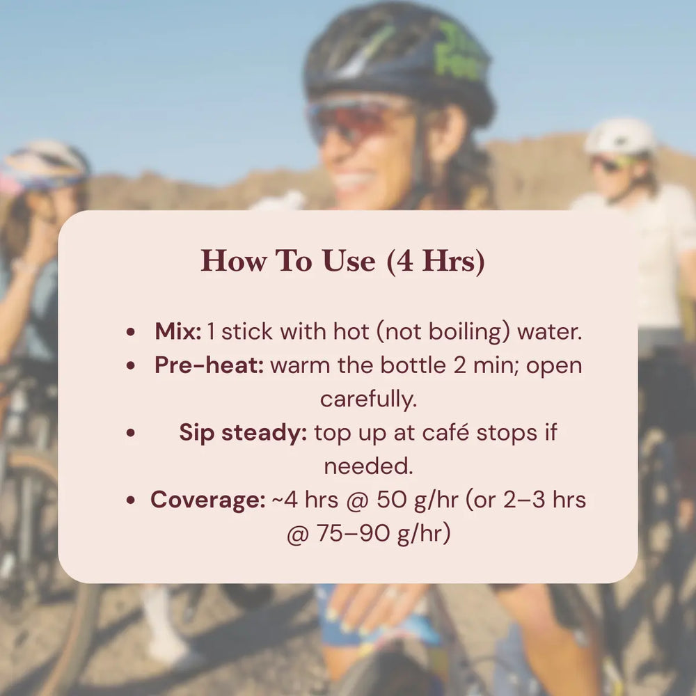 Cyclists in helmets outdoors with a 'How to Use' nutrition info box for winter warmer drink.