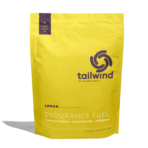 Tailwind Endurance Fuel Lemon flavored energy drink powder yellow bag with logo