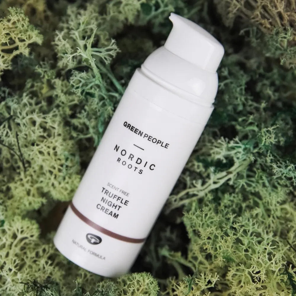 Green People Nordic Roots Truffle Night Cream on green moss background