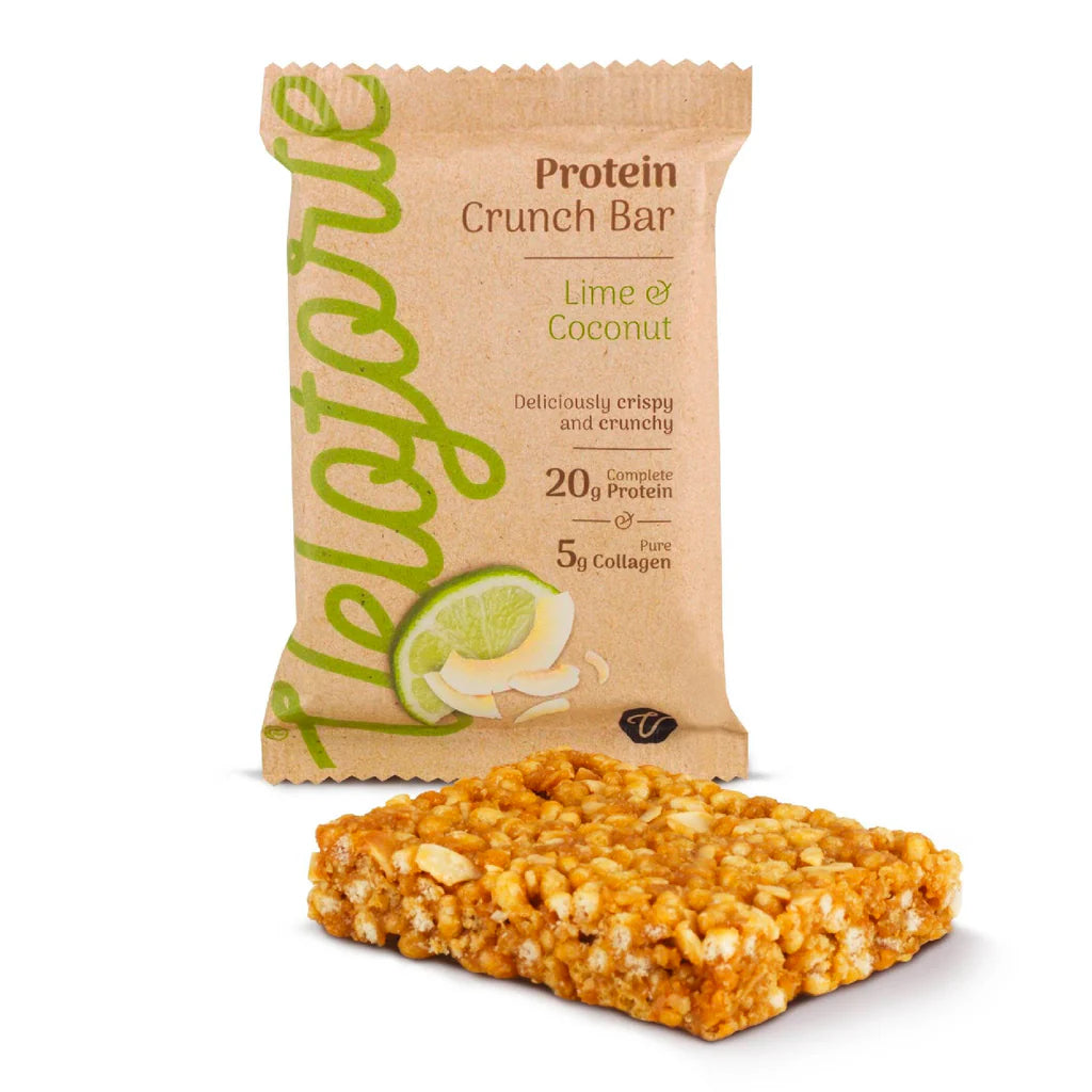 Lime coconut protein crunch bar in brown packaging with crisp bar in front
