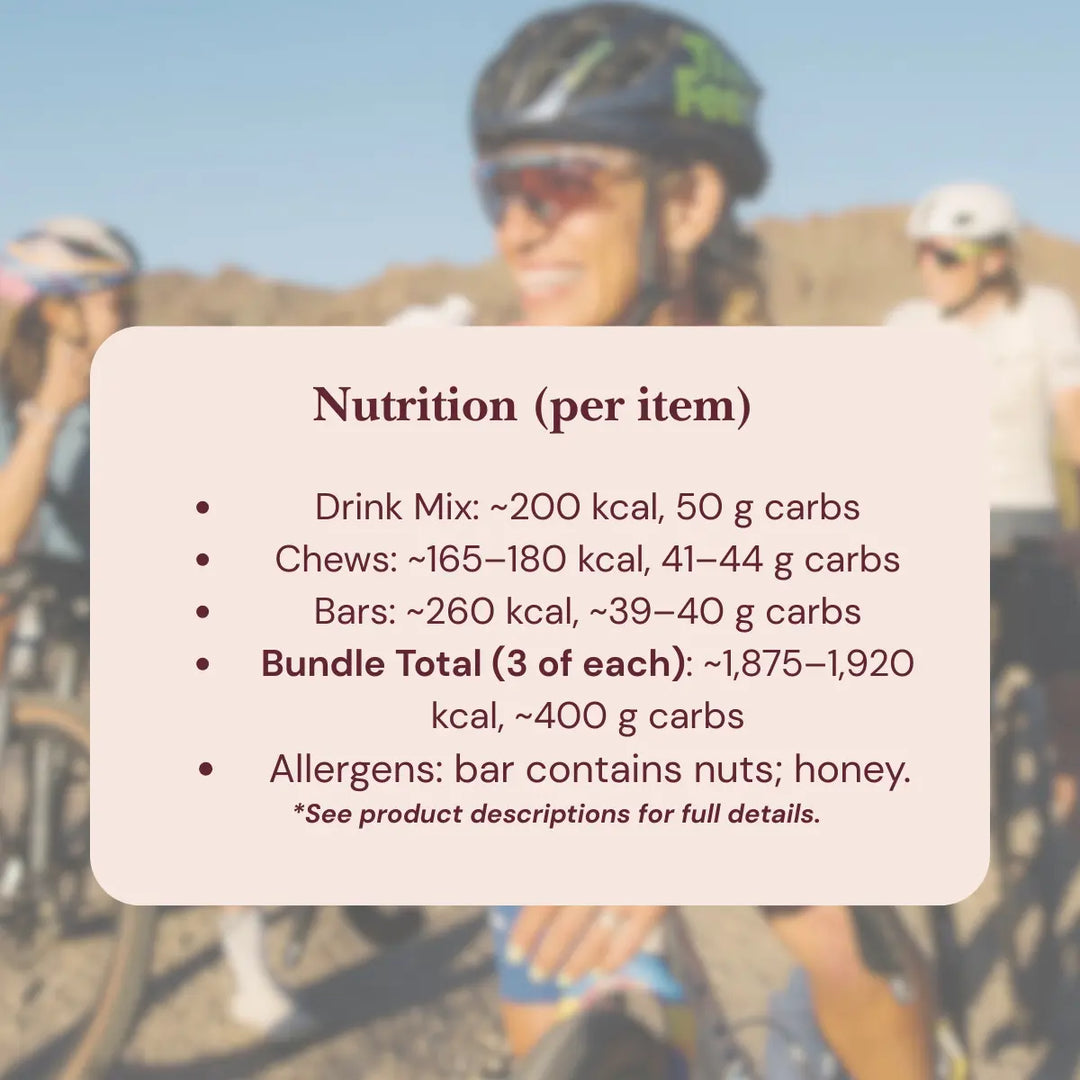 Cyclists outdoors with nutrition facts for drink mix, chews, and bars displayed in foreground