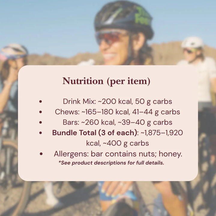 Cyclists outdoors with nutrition facts for drink mix, chews, and bars displayed in foreground