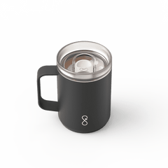 Obsidian black insulated mug with lid and white logo on plain background