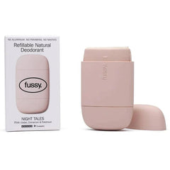 Fussy Night Tales refillable natural deodorant in pink case with box, eco-friendly product