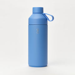 Lagoon blue reusable water bottle with silver logo on white background