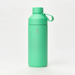 Green reusable water bottle with handle and minimalist logo on a white background