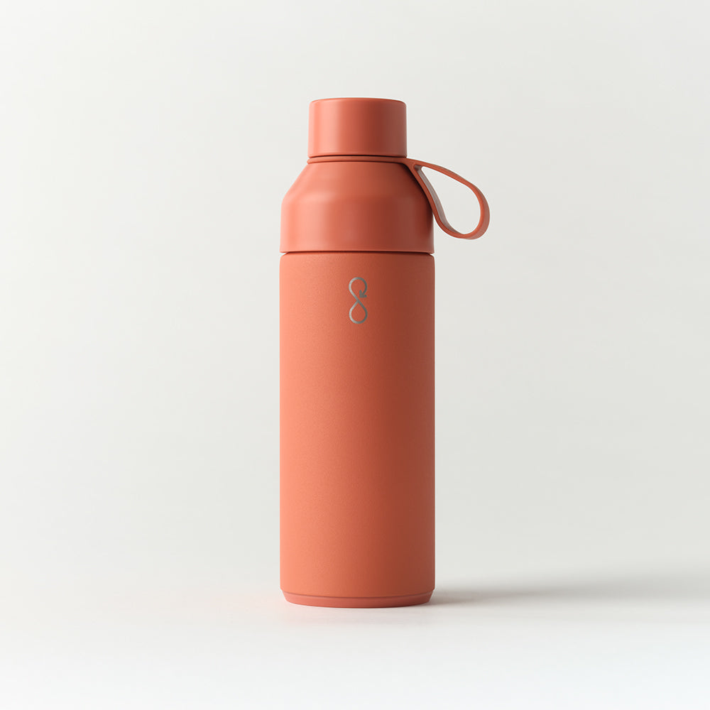Sahara Red reusable water bottle with looped lid on white background