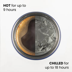 Insulated tumbler showing hot coffee and iced drink with text hot for 9 hours, chilled for 18 hours
