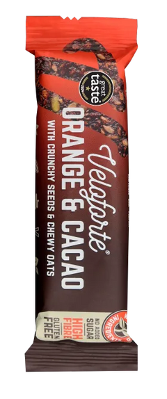 Veloforte Orange &amp; Cacao oat snack bar with seeds, high fiber, gluten free, no added sugar.