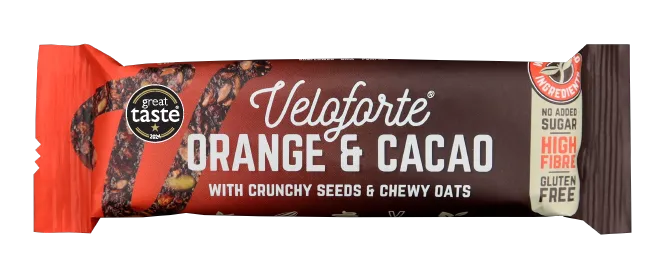 Veloforte Orange & Cacao oat snack bar with crunchy seeds, high fibre, gluten free packaging