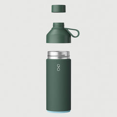 Forest green reusable water bottle with detachable cap and lid, minimalist design