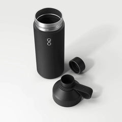 Obsidian black Ocean Bottle with open cap and lid on white background