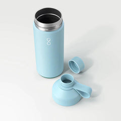 Sky blue Ocean Bottle reusable water bottle with open lid and cap on white background