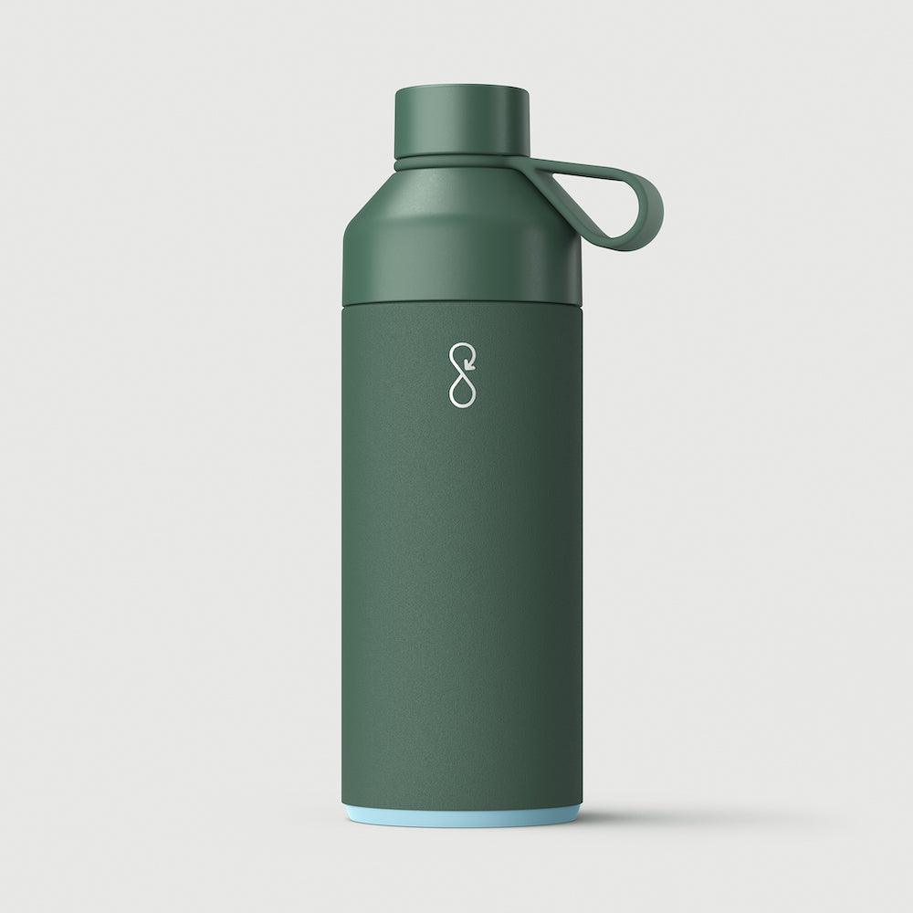 Forest green Ocean Bottle BOB reusable water bottle with logo on light background