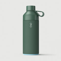Forest green Ocean Bottle BOB reusable water bottle with logo on light background