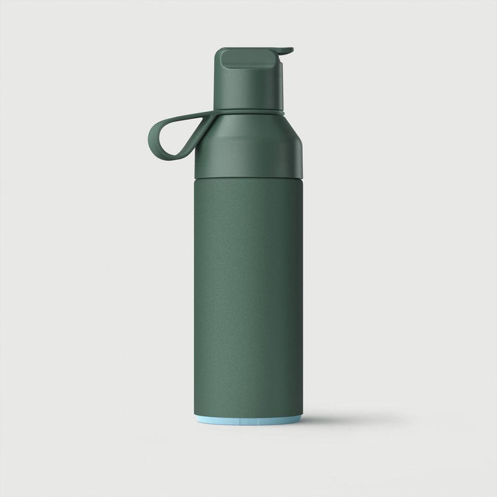 Forest green reusable water bottle with handle on white background