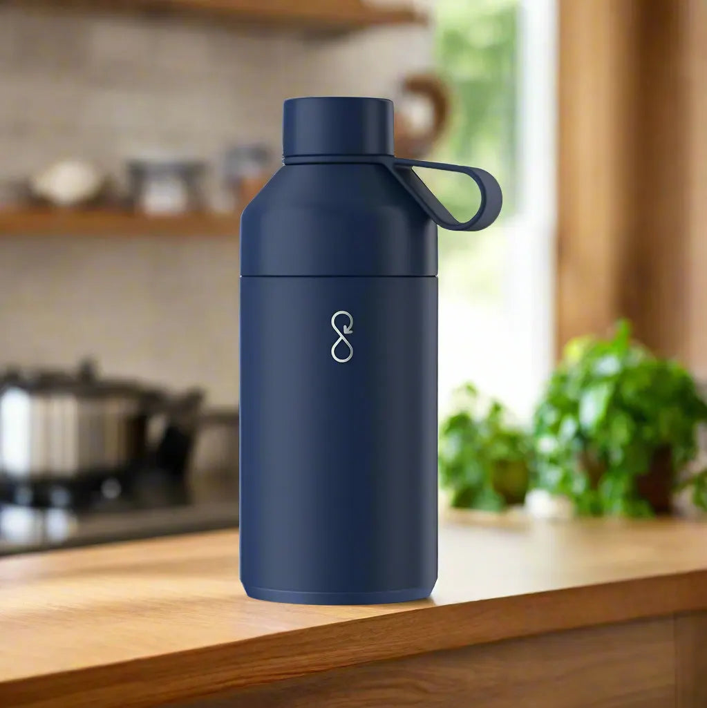 Ocean Bottle Original 750ml in ocean blue on a kitchen countertop
