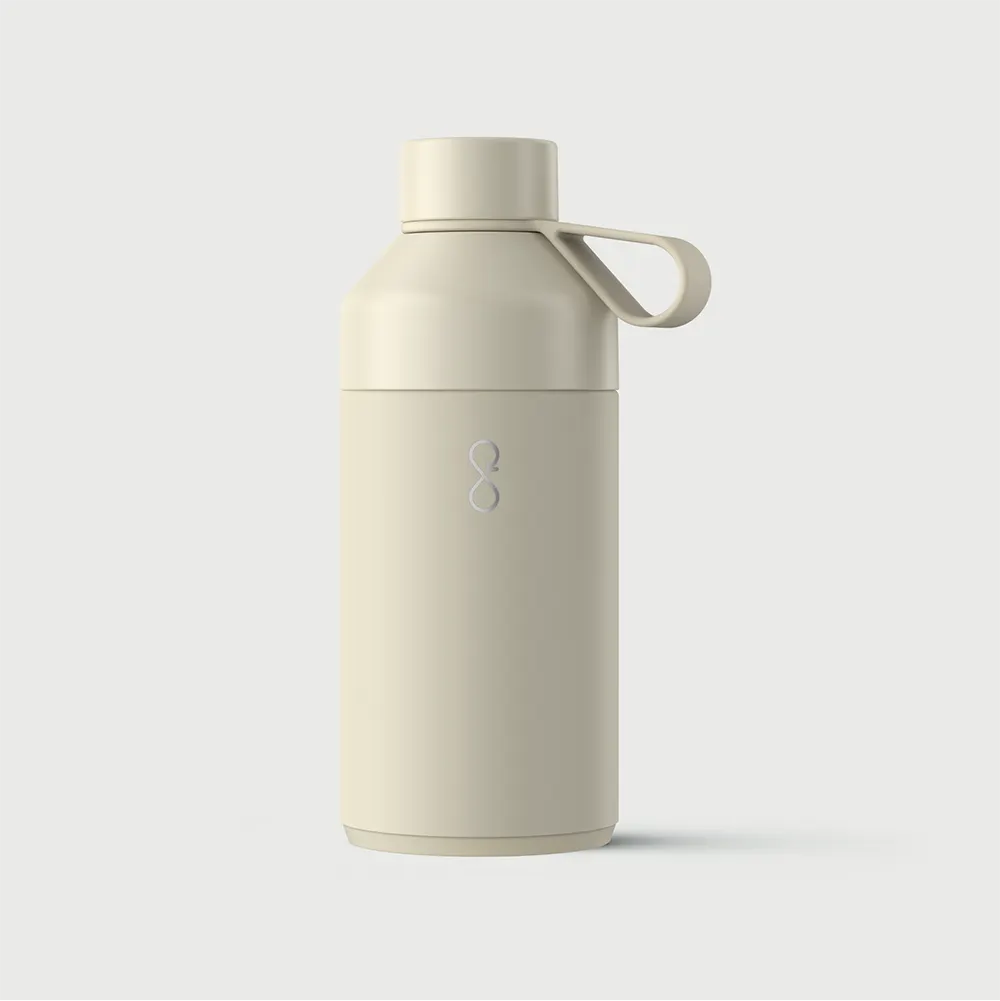Beige 750ml reusable water bottle with logo, minimal design on white background