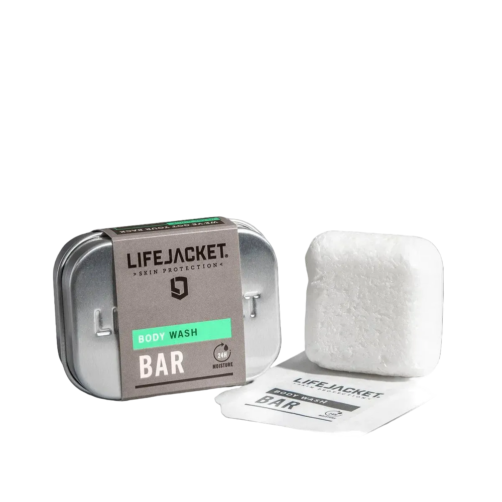 LifeJacket Body Wash Bar 50g with reusable aluminium travel tin cut-out