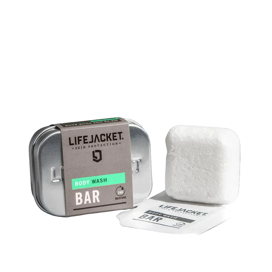 LifeJacket Body Wash Bar 50g with reusable aluminium travel tin cut-out