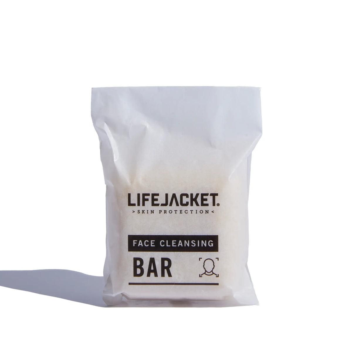 LifeJacket Face Cleansing Bar in white packaging on white background, skincare soap product