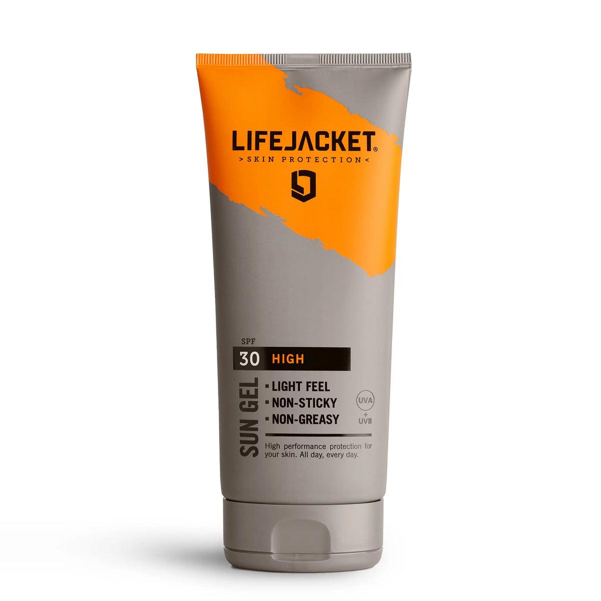 LifeJacket SPF 30 Sun Gel tube with orange and grey packaging, sun protection skincare