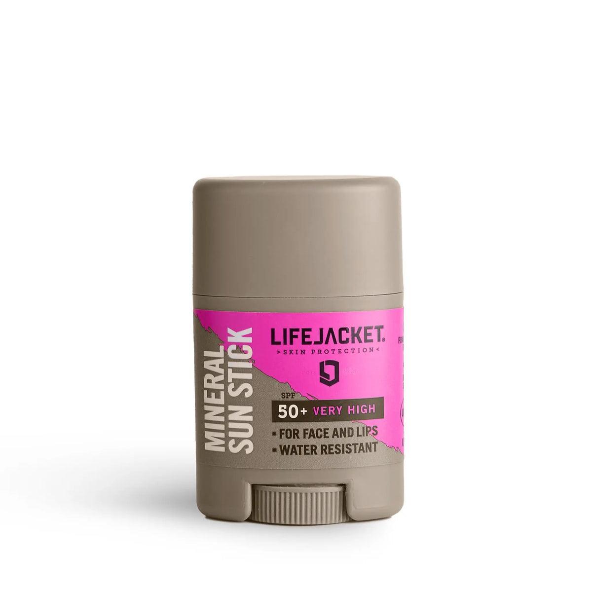 LifeJacket Mineral Sun Stick SPF 50 for face and lips in taupe container with pink label