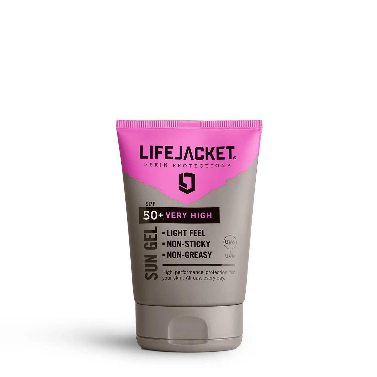LifeJacket SPF 50+ sun gel tube with pink and gray design on white background