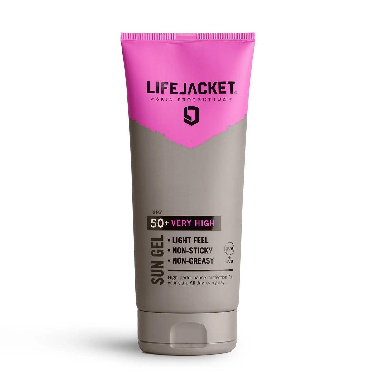 LifeJacket SPF 50+ Sun Gel tube with pink and grey packaging, non-sticky sun protection
